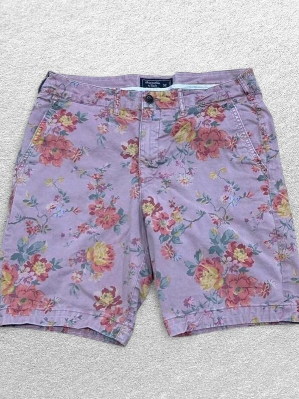 Abercrombie & Fitch Men's Floral Chino Shorts Stretch Flat Front Pink 32 Y2K